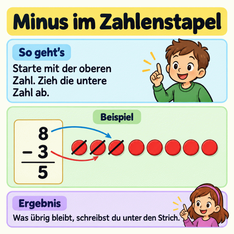 Beispiel für Minus im Zahlenstapel: Oben steht 8, darunter − 3 und unter dem Strich 5. Von acht Plättchen sind drei durchgestrichen; fünf bleiben übrig. Minus im Zahlenstapel So geht’s: Starte mit der oberen Zahl. Zieh die untere Zahl ab. Ergebnis: Was übrig bleibt, schreibst du unter den Strich. Beispiel 8 − 3 5
