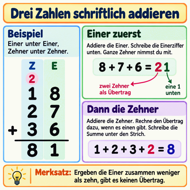 Lernkarte zur schriftlichen Addition von drei Zahlen. Im gekennzeichneten Beispiel stehen 18, 27 und 36 stellenrichtig untereinander. Die Einer ergeben 21: Eine 1 steht unten, zwei Zehner werden übertragen. Mit diesem Übertrag ergeben die Zehner 8; unter dem Strich steht 81. Ein Merksatz erklärt den Fall ohne Übertrag. Drei Zahlen schriftlich addieren Beispiel: Einer unter Einer, Zehner unter Zehner. Einer zuerst: Addiere die Einer. Schreibe die Einerziffer unten. Ganze Zehner nimmst du mit. Dann die Zehner: Addiere die Zehner. Rechne den Übertrag dazu, wenn es einen gibt. Schreibe die Summe unter den Strich. Ergeben die Einer zusammen weniger als zehn, gibt es keinen Übertrag. Z E 18 27 36 + 2 81 8 + 7 + 6 = 21 1 + 2 + 3 + 2 = 8 zwei Zehner als Übertrag eine 1 unten Merksatz: