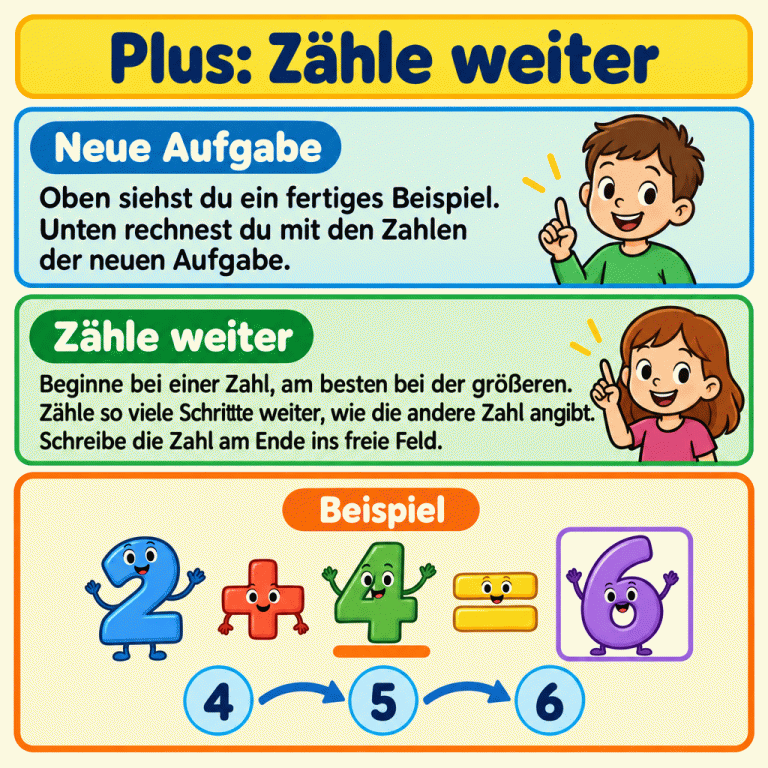 Lernkarte zum Weiterzählen beim Addieren. Das gekennzeichnete Beispiel 2 + 4 = 6 zeigt: Bei 4 beginnen, über 5 zwei Schritte bis 6 zählen und die erreichte Summe ins Feld schreiben. Plus: Zähle weiter Neue Aufgabe: Oben siehst du ein fertiges Beispiel. Unten rechnest du mit den Zahlen der neuen Aufgabe. Zähle weiter: Beginne bei einer Zahl, am besten bei der größeren. Zähle so viele Schritte weiter, wie die andere Zahl angibt. Schreibe die Zahl am Ende ins freie Feld. Beispiel 2 + 4 = 6 4 5 6