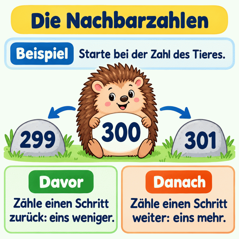 Beispiel für Nachbarzahlen: Ein Tier trägt die 300. Die 299 ist genau einen Zählschritt davor, die 301 genau einen Zählschritt danach. Die Nachbarzahlen Beispiel: Starte bei der Zahl des Tieres. Davor: Zähle einen Schritt zurück: eins weniger. Danach: Zähle einen Schritt weiter: eins mehr. 299 300 301