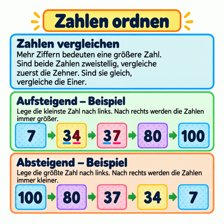 Eine Lernkarte erklärt das Vergleichen und Ordnen von Zahlen. Das aufsteigende Beispiel lautet von links nach rechts 7, 34, 37, 80, 100. Darunter stehen dieselben Zahlen absteigend: 100, 80, 37, 34, 7. Bei 34 und 37 sind die gleichen Zehner und die unterschiedlichen Einer markiert. Zahlen ordnen Zahlen vergleichen: Mehr Ziffern bedeuten eine größere Zahl. Sind beide Zahlen zweistellig, vergleiche zuerst die Zehner. Sind sie gleich, vergleiche die Einer. Aufsteigend – Beispiel: Lege die kleinste Zahl nach links. Nach rechts werden die Zahlen immer größer. Absteigend – Beispiel: Lege die größte Zahl nach links. Nach rechts werden die Zahlen immer kleiner. 7 34 37 80 100