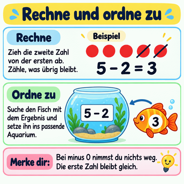 Ein Beispiel zeigt fünf Zählpunkte: Zwei werden weggenommen, drei bleiben übrig. Die Rechnung 5 − 2 = 3 passt zum Fisch mit der 3 und zum Aquarium mit der Aufgabe 5 − 2. Bei minus 0 bleibt die erste Zahl gleich. Rechne und ordne zu Rechne: Zieh die zweite Zahl von der ersten ab. Zähle, was übrig bleibt. Ordne zu: Suche den Fisch mit dem Ergebnis und setze ihn ins passende Aquarium. Bei minus 0 nimmst du nichts weg. Die erste Zahl bleibt gleich. Beispiel 5 − 2 = 3 5 − 2 3 Merke dir:
