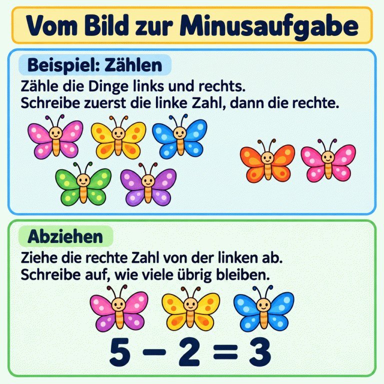 Beispiel zum Aufschreiben einer Minusaufgabe: Links sind fünf Dinge, rechts zwei. Nach dem Abziehen bleiben drei übrig. Darunter steht 5 − 2 = 3. Vom Bild zur Minusaufgabe Beispiel: Zählen: Zähle die Dinge links und rechts. Schreibe zuerst die linke Zahl, dann die rechte. Abziehen: Ziehe die rechte Zahl von der linken ab. Schreibe auf, wie viele übrig bleiben. 5 − 2 = 3