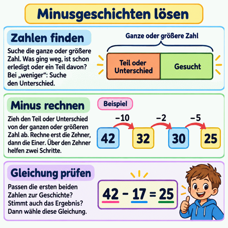Ein geteiltes Mengenmodell zeigt eine ganze oder größere Anzahl, einen bekannten Teil oder Unterschied und das Gesuchte. Im Beispiel wird von 42 erst 10, dann 2 und 5 abgezogen. Anschließend wird die Gleichung 42 − 17 = 25 geprüft. Minusgeschichten lösen Zahlen finden: Suche die ganze oder größere Zahl. Was ging weg, ist schon erledigt oder ein Teil davon? Bei „weniger“: Suche den Unterschied. Minus rechnen: Zieh den Teil oder Unterschied von der ganzen oder größeren Zahl ab. Rechne erst die Zehner, dann die Einer. Über den Zehner helfen zwei Schritte. Gleichung prüfen: Passen die ersten beiden Zahlen zur Geschichte? Stimmt auch das Ergebnis? Dann wähle diese Gleichung. Ganze oder größere Zahl Teil oder Unterschied Gesucht Beispiel 42 −10 32 −2 30 −5 25 42 − 17 = 25