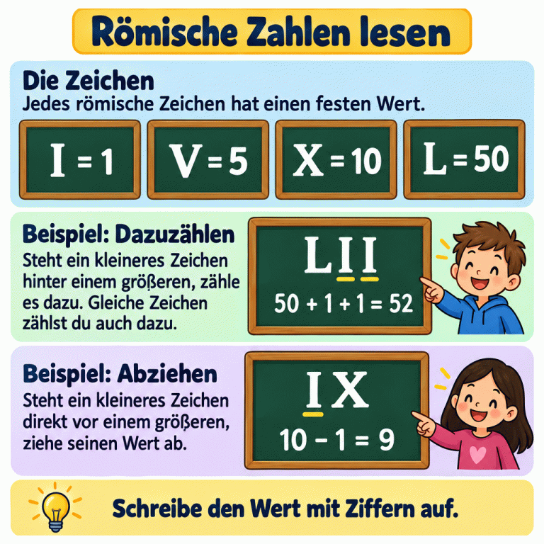Vier Tafelkärtchen zeigen I = 1, V = 5, X = 10 und L = 50. Zwei Beispiele zeigen das Dazuzählen bei LII und das Abziehen bei IX mit den jeweiligen Rechnungen. Römische Zahlen lesen Die Zeichen: Jedes römische Zeichen hat einen festen Wert. Beispiel: Dazuzählen: Steht ein kleineres Zeichen hinter einem größeren, zähle es dazu. Gleiche Zeichen zählst du auch dazu. Beispiel: Abziehen: Steht ein kleineres Zeichen direkt vor einem größeren, ziehe seinen Wert ab. Schreibe den Wert mit Ziffern auf. I = 1 V = 5 X = 10 L = 50 LII 50 + 1 + 1 = 52 IX 10 − 1 = 9