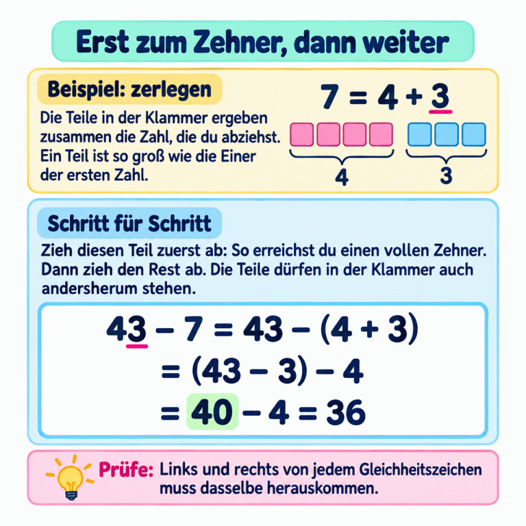 Sieben Plättchen sind in vier und drei geteilt. Das Beispiel zeigt: 43 − 7 = 43 − (4 + 3) = (43 − 3) − 4 = 40 − 4 = 36. Zuerst wird bis zum Zehner 40 abgezogen, dann der Rest. Erst zum Zehner, dann weiter Beispiel: zerlegen: Die Teile in der Klammer ergeben zusammen die Zahl, die du abziehst. Ein Teil ist so groß wie die Einer der ersten Zahl. Schritt für Schritt: Zieh diesen Teil zuerst ab: So erreichst du einen vollen Zehner. Dann zieh den Rest ab. Die Teile dürfen in der Klammer auch andersherum stehen. Prüfe: Links und rechts von jedem Gleichheitszeichen muss dasselbe herauskommen. 7 = 4 + 3 43 − 7 = 43 − (4 + 3) = (43 − 3) − 4 = 40 − 4 = 36 4 3