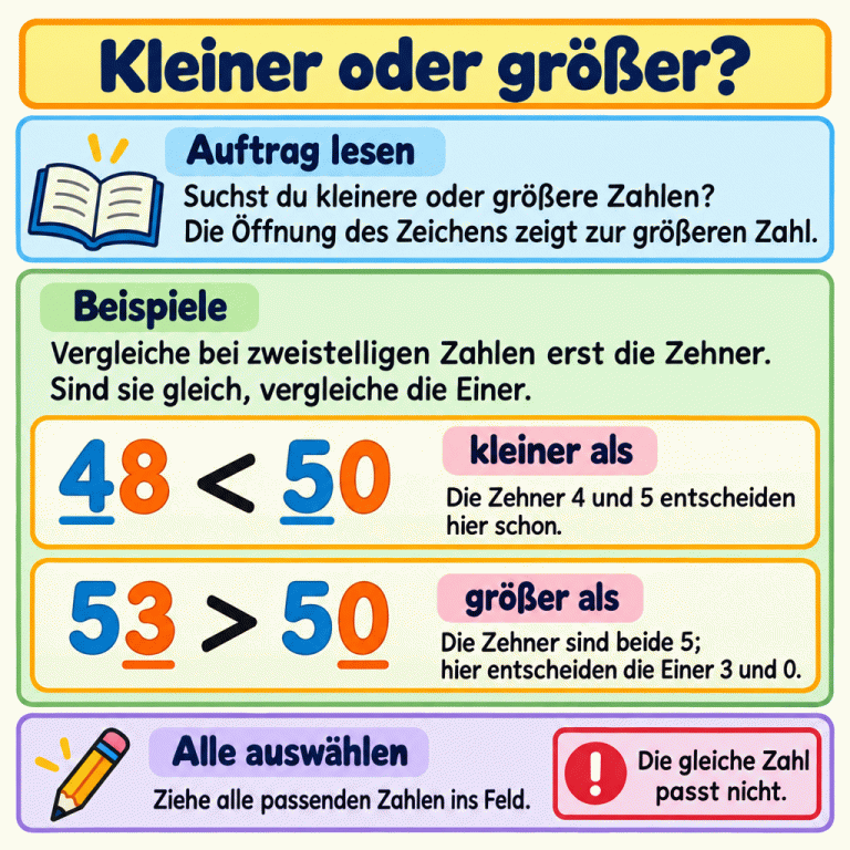 Lernkarte zum Zahlenvergleich mit zwei Beispielen: 48 < 50, weil die Zehner entscheiden, und 53 > 50, weil bei gleichen Zehnern die Einer entscheiden. Das Zeichen öffnet sich zur größeren Zahl. Gesucht sind immer alle passenden Zahlen; eine gleiche Zahl passt nicht. Kleiner oder größer? Auftrag lesen: Suchst du kleinere oder größere Zahlen? Die Öffnung des Zeichens zeigt zur größeren Zahl. Beispiele: Vergleiche bei zweistelligen Zahlen erst die Zehner. Sind sie gleich, vergleiche die Einer. Alle auswählen: Ziehe alle passenden Zahlen ins Feld. Die gleiche Zahl passt nicht. 48 < 50 kleiner als 53 > 50 größer als Die Zehner 4 und 5 entscheiden hier schon. Die Zehner sind beide 5; hier entscheiden die Einer 3 und 0. !