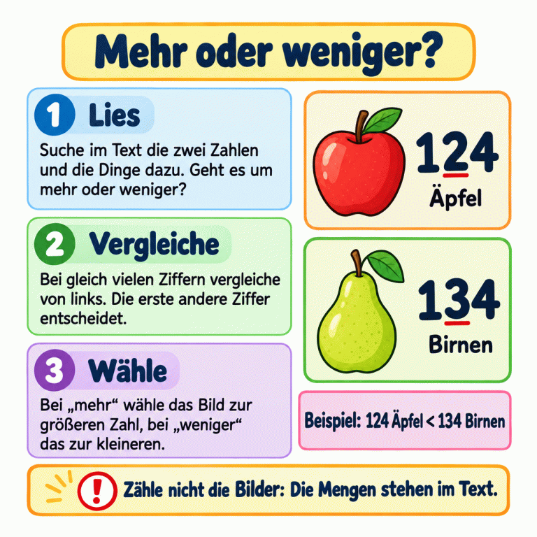 Lernkarte mit den Schritten Lies, Vergleiche und Wähle. Ein Apfel steht bei 124, darunter eine Birne bei 134. Die unterschiedlichen Zehnerziffern sind markiert. Darunter steht: „Beispiel: 124 Äpfel < 134 Birnen“. Die Mengen der Aufgaben stehen im Text, nicht in der Anzahl der Bilder. Mehr oder weniger? Lies: Suche im Text die zwei Zahlen und die Dinge dazu. Geht es um mehr oder weniger? Vergleiche: Bei gleich vielen Ziffern vergleiche von links. Die erste andere Ziffer entscheidet. Wähle: Bei „mehr“ wähle das Bild zur größeren Zahl, bei „weniger“ das zur kleineren. Zähle nicht die Bilder: Die Mengen stehen im Text. 124 134 Beispiel: 124 Äpfel < 134 Birnen 1 2 3 Äpfel Birnen !