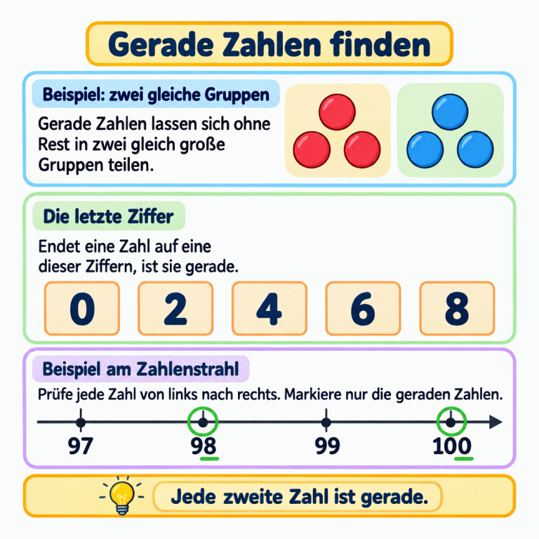 Sechs Plättchen bilden zwei gleich große Dreiergruppen. Die Endziffern 0, 2, 4, 6 und 8 stehen als Regel daneben. Auf einem Beispiel-Zahlenstrahl von 97 bis 100 sind nur 98 und 100 markiert. Gerade Zahlen finden Beispiel: zwei gleiche Gruppen: Gerade Zahlen lassen sich ohne Rest in zwei gleich große Gruppen teilen. Die letzte Ziffer: Endet eine Zahl auf eine dieser Ziffern, ist sie gerade. Beispiel am Zahlenstrahl: Prüfe jede Zahl von links nach rechts. Markiere nur die geraden Zahlen. Jede zweite Zahl ist gerade. 2 4 6 8 97 98 99 100