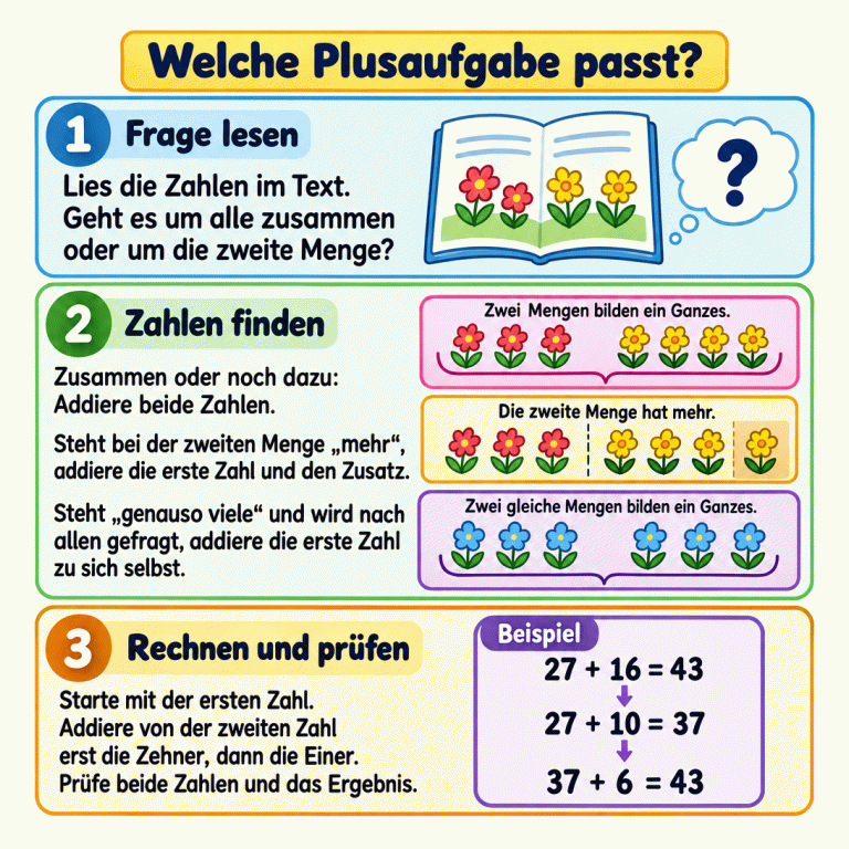 Lernkarte zum Prüfen von Plusaufgaben aus Geschichten: Skizzen zeigen zwei Mengen zusammen, eine zweite Menge mit Zusatz und zwei gleich große Mengen. Ein gekennzeichnetes Beispiel prüft 27 + 16 = 43, indem erst 10 und dann 6 addiert werden. Welche Plusaufgabe passt? Frage lesen: Lies die Zahlen im Text. Geht es um alle zusammen oder um die zweite Menge? Zahlen finden: Zusammen oder noch dazu: Addiere beide Zahlen.
Steht bei der zweiten Menge „mehr“, addiere die erste Zahl und den Zusatz.
Steht „genauso viele“ und wird nach allen gefragt, addiere die erste Zahl zu sich selbst. Rechnen und prüfen: Starte mit der ersten Zahl. Addiere von der zweiten Zahl erst die Zehner, dann die Einer. Prüfe beide Zahlen und das Ergebnis. Beispiel 27 + 16 = 43 27 + 10 = 37 37 + 6 = 43 1 ? 2 Zwei Mengen bilden ein Ganzes. Die zweite Menge hat mehr. Zwei gleiche Mengen bilden ein Ganzes. 3