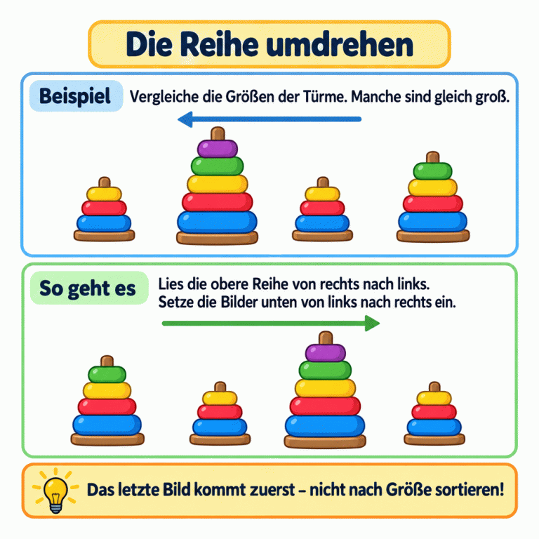 Ein Beispiel mit zwei Turmreihen: Oben stehen klein, groß, klein und mittelgroß. Unten stehen dieselben Größen in umgekehrter Reihenfolge. Pfeile zeigen die Leserichtung oben nach links und die Einsetzrichtung unten nach rechts. Die Reihe umdrehen Beispiel: Vergleiche die Größen der Türme. Manche sind gleich groß. So geht es: Lies die obere Reihe von rechts nach links. Setze die Bilder unten von links nach rechts ein. Das letzte Bild kommt zuerst – nicht nach Größe sortieren!