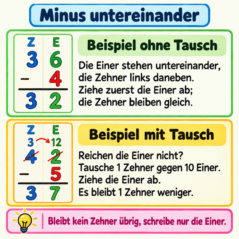 Zwei schriftliche Minusbeispiele mit Zehner- und Einerspalte: 36 minus 4 ergibt ohne Tausch 32. Bei 42 minus 5 wird ein Zehner gegen zehn Einer getauscht. Aus 4 Zehnern und 2 Einern werden 3 Zehner und 12 Einer; das Ergebnis unter der Rechenlinie ist 37. Minus untereinander Beispiel ohne Tausch: Die Einer stehen untereinander, die Zehner links daneben. Ziehe zuerst die Einer ab; die Zehner bleiben gleich. Beispiel mit Tausch: Reichen die Einer nicht? Tausche 1 Zehner gegen 10 Einer. Ziehe die Einer ab. Es bleibt 1 Zehner weniger. Bleibt kein Zehner übrig, schreibe nur die Einer. Z E 36 − 4 32 42 3 12 − 5 37
