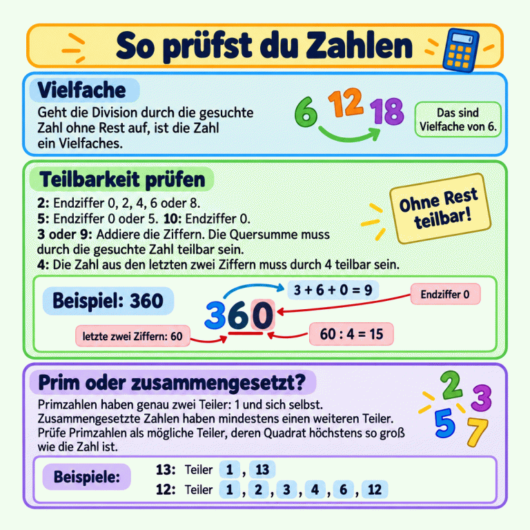 Mathekarte mit Regeln zur Teilbarkeit durch 2, 3, 4, 5, 9 und 10. Das Beispiel 360 zeigt die Endziffer 0, die Quersumme 9 und die durch 4 teilbaren letzten zwei Ziffern 60. Darunter stehen 13 mit genau zwei Teilern als Primzahlbeispiel und 12 mit weiteren Teilern als Beispiel für eine zusammengesetzte Zahl. So prüfst du Zahlen Vielfache: Geht die Division durch die gesuchte Zahl ohne Rest auf, ist die Zahl ein Vielfaches. Teilbarkeit prüfen: 2: Endziffer 0, 2, 4, 6 oder 8.
5: Endziffer 0 oder 5. 10: Endziffer 0.
3 oder 9: Addiere die Ziffern. Die Quersumme muss durch die gesuchte Zahl teilbar sein.
4: Die Zahl aus den letzten zwei Ziffern muss durch 4 teilbar sein. Prim oder zusammengesetzt?: Primzahlen haben genau zwei Teiler: 1 und sich selbst. Zusammengesetzte Zahlen haben mindestens einen weiteren Teiler. Prüfe Primzahlen als mögliche Teiler, deren Quadrat höchstens so groß wie die Zahl ist. Beispiel: 360 3 + 6 + 0 = 9 60 : 4 = 15 Beispiele: 13: Teiler 1, 13 12: Teiler 1, 2, 3, 4, 6, 12 6 12 18 Das sind Vielfache von 6. Ohne Rest teilbar! Endziffer 0 360 letzte zwei Ziffern: 60 2 3 5 7