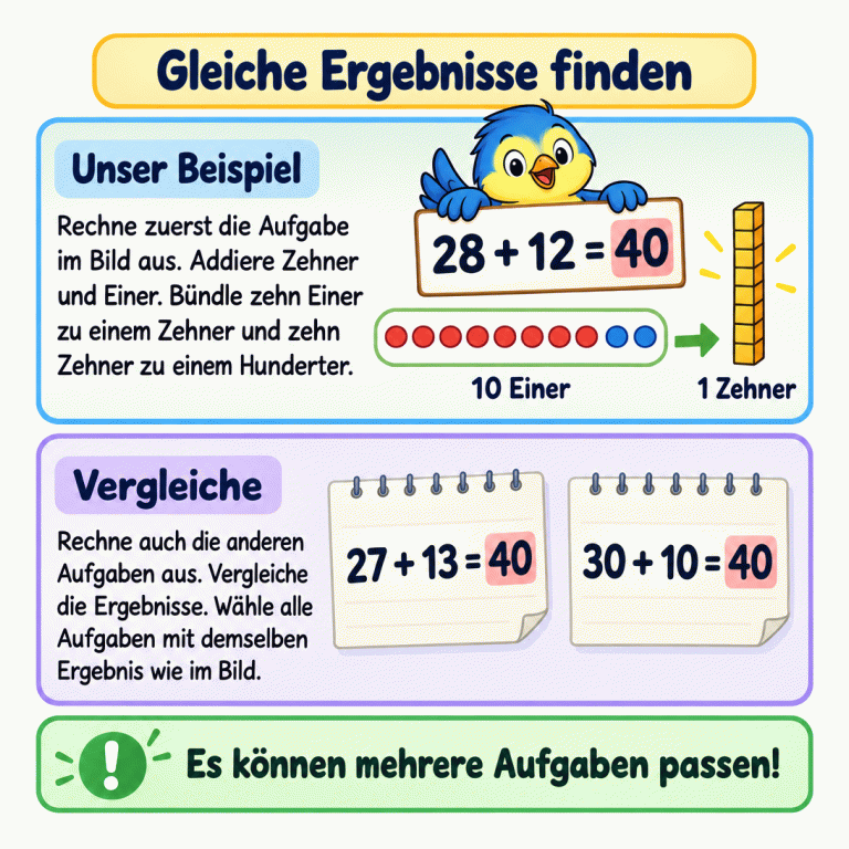 Eine Musterrechnung zeigt 28 + 12 = 40. Acht und zwei Einerpunkte werden zu einem Zehner gebündelt. Auch 27 + 13 = 40 und 30 + 10 = 40 haben dasselbe Ergebnis. Gleiche Ergebnisse finden Unser Beispiel: Rechne zuerst die Aufgabe im Bild aus. Addiere Zehner und Einer. Bündle zehn Einer zu einem Zehner und zehn Zehner zu einem Hunderter. Vergleiche: Rechne auch die anderen Aufgaben aus. Vergleiche die Ergebnisse. Wähle alle Aufgaben mit demselben Ergebnis wie im Bild. Es können mehrere Aufgaben passen! 28 + 12 = 40 10 Einer 1 Zehner 27 + 13 = 40 30 + 10 = 40 !