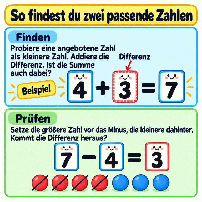 Lernkarte mit einem ausdrücklich gekennzeichneten Beispiel: Zur kleineren Zahl 4 wird die vorgegebene Differenz 3 addiert, also 4 + 3 = 7. Die Probe lautet 7 − 4 = 3. Von sieben Zählsteinen sind vier weggenommen; drei bleiben. So findest du zwei passende Zahlen Finden: Probiere eine angebotene Zahl als kleinere Zahl. Addiere die Differenz. Ist die Summe auch dabei? Prüfen: Setze die größere Zahl vor das Minus, die kleinere dahinter. Kommt die Differenz heraus? Beispiel Differenz 4 3 7 + − =
