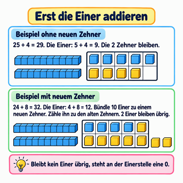 Zwei Beispiele mit Zehnerstangen und Einerplättchen: Oben bleibt ein Platz im Zehnerfeld frei, sodass kein neuer Zehner entsteht. Unten ist das Zehnerfeld voll; zwei Einer bleiben außerhalb. Erst die Einer addieren Beispiel ohne neuen Zehner: 25 + 4 = 29. Die Einer: 5 + 4 = 9. Die 2 Zehner bleiben. Beispiel mit neuem Zehner: 24 + 8 = 32. Die Einer: 4 + 8 = 12. Bündle 10 Einer zu einem neuen Zehner. Zähle ihn zu den alten Zehnern. 2 Einer bleiben übrig. Bleibt kein Einer übrig, steht an der Einerstelle eine 0.