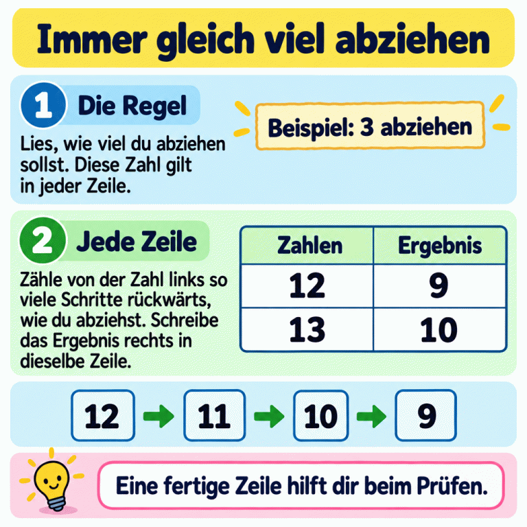 Beispiel mit der Regel „3 abziehen“: In der Tabelle steht neben 12 das Ergebnis 9 und neben 13 das Ergebnis 10. Eine Zählspur führt in drei Schritten von 12 über 11 und 10 zur 9. Immer gleich viel abziehen Die Regel: Lies, wie viel du abziehen sollst. Diese Zahl gilt in jeder Zeile. Jede Zeile: Zähle von der Zahl links so viele Schritte rückwärts, wie du abziehst. Schreibe das Ergebnis rechts in dieselbe Zeile. Eine fertige Zeile hilft dir beim Prüfen. Beispiel: 3 abziehen Zahlen Ergebnis 12 9 13 10 11 1 2