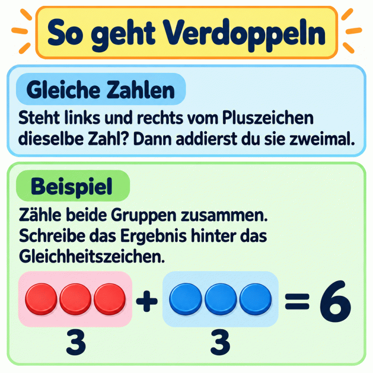 Beispiel zum Verdoppeln: Zwei Gruppen mit je drei Zählplättchen ergeben zusammen sechs. Daneben steht die Rechnung 3 + 3 = 6. Kurze Texte erklären, wie man gleiche Zahlen addiert. So geht Verdoppeln Gleiche Zahlen: Steht links und rechts vom Pluszeichen dieselbe Zahl? Dann addierst du sie zweimal. Beispiel: Zähle beide Gruppen zusammen. Schreibe das Ergebnis hinter das Gleichheitszeichen. 3 + 3 = 6