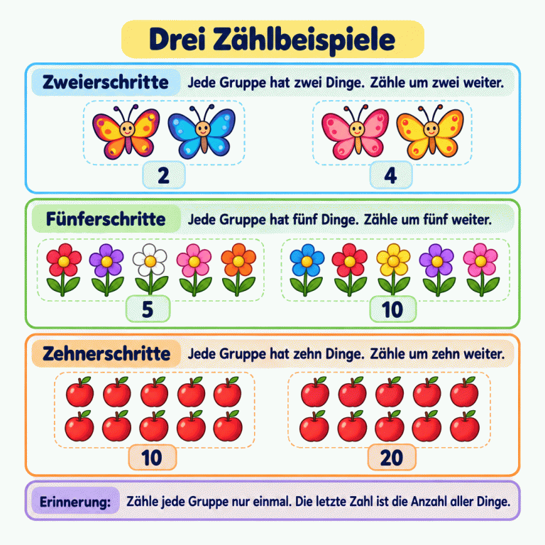 Drei Beispiele mit je zwei Gruppen: zwei Schmetterlinge pro Gruppe ergeben die Zählzahlen 2 und 4. Fünf Blumen pro Gruppe ergeben 5 und 10. Zehn Äpfel pro Gruppe ergeben 10 und 20. Nach jeder Gruppe wird um die Anzahl der Dinge in einer Gruppe weitergezählt. Drei Zählbeispiele Zweierschritte: Jede Gruppe hat zwei Dinge. Zähle um zwei weiter. Fünferschritte: Jede Gruppe hat fünf Dinge. Zähle um fünf weiter. Zehnerschritte: Jede Gruppe hat zehn Dinge. Zähle um zehn weiter. Zähle jede Gruppe nur einmal. Die letzte Zahl ist die Anzahl aller Dinge. 2 4 5 10 20 Erinnerung: