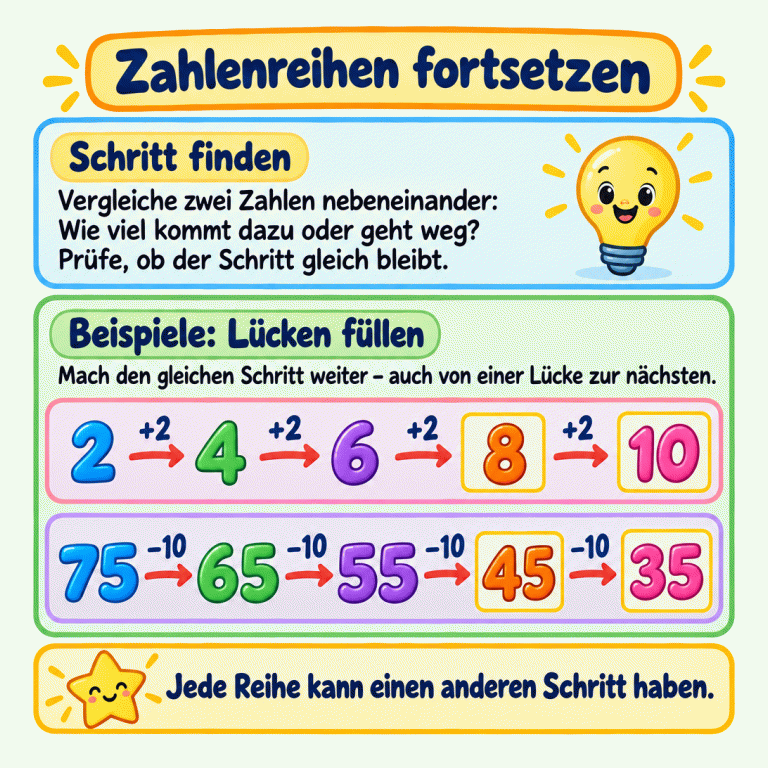 Zwei ausdrücklich gekennzeichnete Beispiele für Zahlenreihen: 2, 4, 6, 8, 10 mit jeweils plus 2 und 75, 65, 55, 45, 35 mit jeweils minus 10. Die letzten beiden Zahlen jeder Reihe stehen in ausgefüllten Kästchen. Der gefundene Schritt wird von Lücke zu Lücke wiederholt. Zahlenreihen fortsetzen Schritt finden: Vergleiche zwei Zahlen nebeneinander: Wie viel kommt dazu oder geht weg? Prüfe, ob der Schritt gleich bleibt. Beispiele: Lücken füllen: Mach den gleichen Schritt weiter – auch von einer Lücke zur nächsten. Jede Reihe kann einen anderen Schritt haben. 2 4 6 8 10 +2 75 65 55 45 35 −10