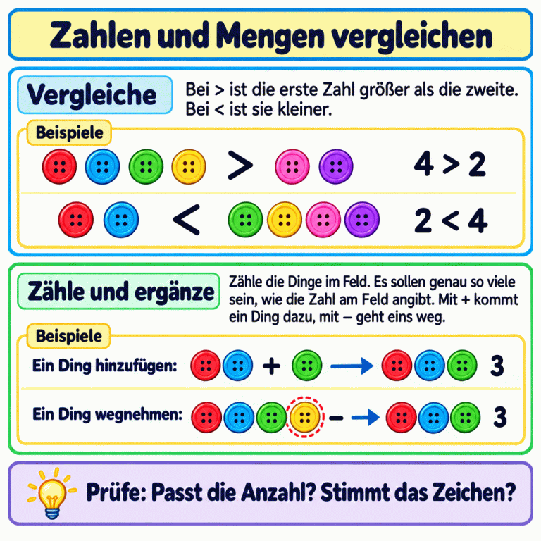Die Lernkarte zeigt mit Knöpfen: Vier sind mehr als zwei, und zwei sind weniger als vier. In weiteren Beispielen wird aus zwei Knöpfen durch einen zusätzlichen Knopf eine Dreiermenge; aus vier wird durch Wegnehmen eines Knopfs ebenfalls eine Dreiermenge. Der Text erklärt die Zeichen > und < sowie das Zählen und Ändern der Anzahl. Zahlen und Mengen vergleichen Vergleiche: Bei > ist die erste Zahl größer als die zweite. Bei < ist sie kleiner. Zähle und ergänze: Zähle die Dinge im Feld. Es sollen genau so viele sein, wie die Zahl am Feld angibt. Mit + kommt ein Ding dazu, mit − geht eins weg. Prüfe: Passt die Anzahl? Stimmt das Zeichen? Beispiele 4 > 2 2 < 4 3 + − > < Ein Ding hinzufügen: Ein Ding wegnehmen: