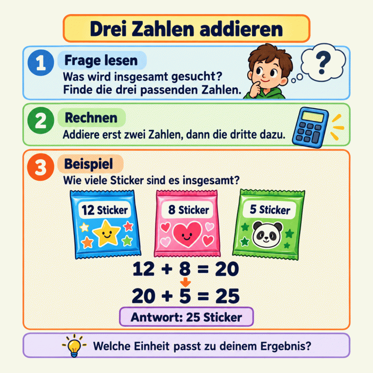 Lernkarte zum Addieren von drei Zahlen aus einer Textaufgabe. Erst die Gesamtfrage und drei passende Zahlen finden, dann zwei Zahlen addieren und die dritte dazurechnen. Im Stickerbeispiel stehen auf drei Päckchen 12, 8 und 5 Sticker. Die Rechnung zeigt 12 + 8 = 20 und 20 + 5 = 25. Die Antwort lautet 25 Sticker. Drei Zahlen addieren Frage lesen: Was wird insgesamt gesucht? Finde die drei passenden Zahlen. Rechnen: Addiere erst zwei Zahlen, dann die dritte dazu. Beispiel: Wie viele Sticker sind es insgesamt? Welche Einheit passt zu deinem Ergebnis? 12 Sticker 8 Sticker 5 Sticker 12 + 8 = 20 20 + 5 = 25 Antwort: 25 Sticker 1 ? 2 3