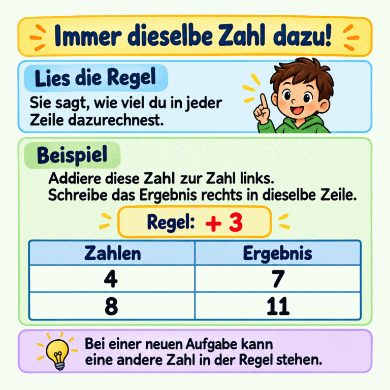 Rechenbeispiel mit einer gemeinsamen Regel für zwei Tabellenzeilen: Mit plus drei wird aus vier die sieben und aus acht die elf. Links stehen die Ausgangszahlen, rechts die Ergebnisse. Immer dieselbe Zahl dazu! Lies die Regel: Sie sagt, wie viel du in jeder Zeile dazurechnest. Beispiel: Addiere diese Zahl zur Zahl links. Schreibe das Ergebnis rechts in dieselbe Zeile. Bei einer neuen Aufgabe kann eine andere Zahl in der Regel stehen. Regel: + 3 Zahlen Ergebnis 4 7 8 11