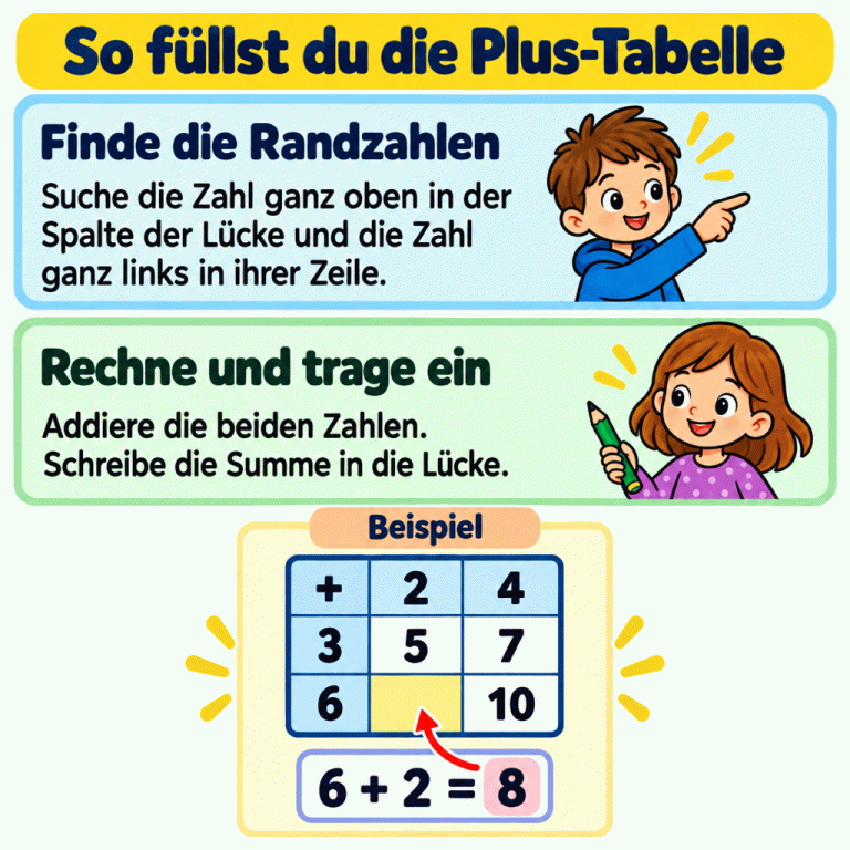 Beispiel einer Plus-Tabelle: Oben stehen 2 und 4, links 3 und 6. Das Feld in der Zeile 6 unter der 2 ist leer. Die Rechnung 6 + 2 = 8 zeigt, welche Summe dort eingetragen wird. So füllst du die Plus-Tabelle Finde die Randzahlen: Suche die Zahl ganz oben in der Spalte der Lücke und die Zahl ganz links in ihrer Zeile. Rechne und trage ein: Addiere die beiden Zahlen. Schreibe die Summe in die Lücke. Beispiel + 2 4 3 6 5 7 10 6 + 2 = 8
