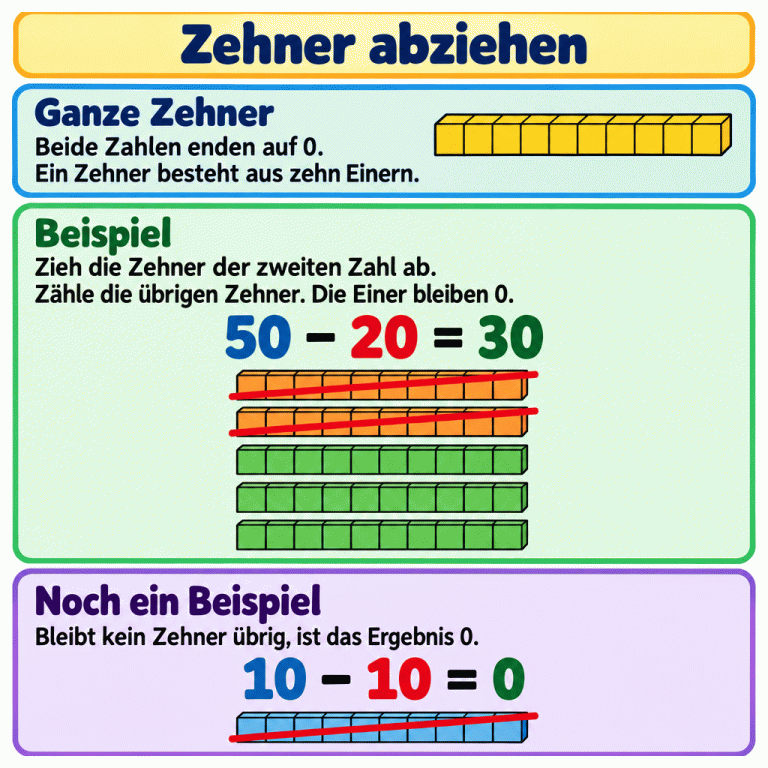 Zwei Beispiele zum Abziehen von Zehnern: Bei 50 − 20 = 30 sind von fünf Zehnerstreifen zwei durchgestrichen und drei übrig. Bei 10 − 10 = 0 ist der einzige Zehnerstreifen durchgestrichen. Jeder Streifen zeigt zehn Einerfelder. Zehner abziehen Ganze Zehner: Beide Zahlen enden auf 0. Ein Zehner besteht aus zehn Einern. Beispiel: Zieh die Zehner der zweiten Zahl ab. Zähle die übrigen Zehner. Die Einer bleiben 0. Noch ein Beispiel: Bleibt kein Zehner übrig, ist das Ergebnis 0. 50 − 20 = 30 10 − 10 = 0