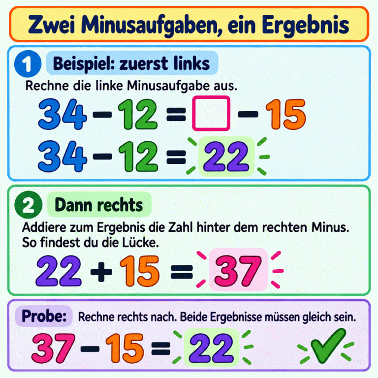 Ein Beispiel zeigt 34 − 12 = □ − 15. Links ergibt 34 − 12 die Zahl 22. Mit 22 + 15 = 37 findet man die fehlende Zahl. Die Probe 37 − 15 = 22 zeigt: Beide Minusaufgaben haben dasselbe Ergebnis. Zwei Minusaufgaben, ein Ergebnis Beispiel: zuerst links: Rechne die linke Minusaufgabe aus. Dann rechts: Addiere zum Ergebnis die Zahl hinter dem rechten Minus. So findest du die Lücke. Probe: Rechne rechts nach. Beide Ergebnisse müssen gleich sein. 34 − 12 = □ − 15 34 − 12 = 22 22 + 15 = 37 37 − 15 = 22 1 2 ✓