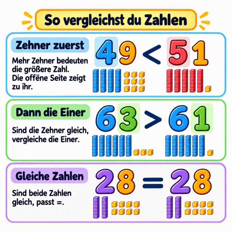 Drei Zahlenvergleiche untereinander: Bei 49 < 51 entscheiden die Zehner. Bei 63 > 61 sind die Zehner gleich, und die Einer entscheiden. 28 = 28 zeigt zwei gleiche Zahlen. So vergleichst du Zahlen Zehner zuerst: Mehr Zehner bedeuten die größere Zahl. Die offene Seite zeigt zu ihr. Dann die Einer: Sind die Zehner gleich, vergleiche die Einer. Gleiche Zahlen: Sind beide Zahlen gleich, passt =. 49 < 51 63 > 61 28 = 28