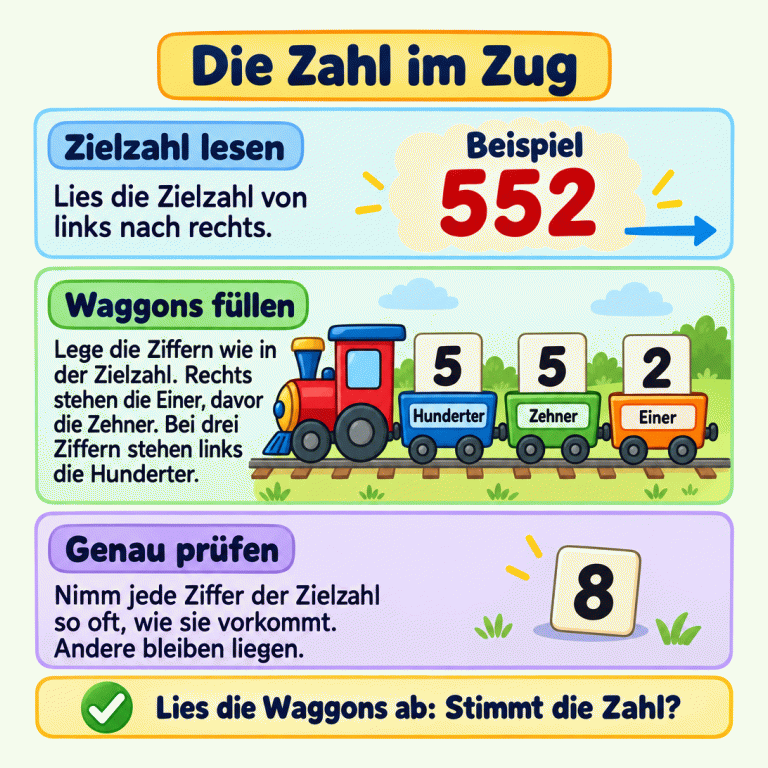 Über einem Zug steht die als Beispiel gekennzeichnete Zielzahl 552. Die drei Waggons tragen von links nach rechts 5, 5 und 2 und sind mit Hunderter, Zehner und Einer beschriftet. Ein nicht benötigtes 8-Plättchen bleibt abseits liegen. Die Zahl im Zug Zielzahl lesen: Lies die Zielzahl von links nach rechts. Waggons füllen: Lege die Ziffern wie in der Zielzahl. Rechts stehen die Einer, davor die Zehner. Bei drei Ziffern stehen links die Hunderter. Genau prüfen: Nimm jede Ziffer der Zielzahl so oft, wie sie vorkommt. Andere bleiben liegen. Lies die Waggons ab: Stimmt die Zahl? Beispiel 552 5 2 8 Hunderter Zehner Einer ✓
