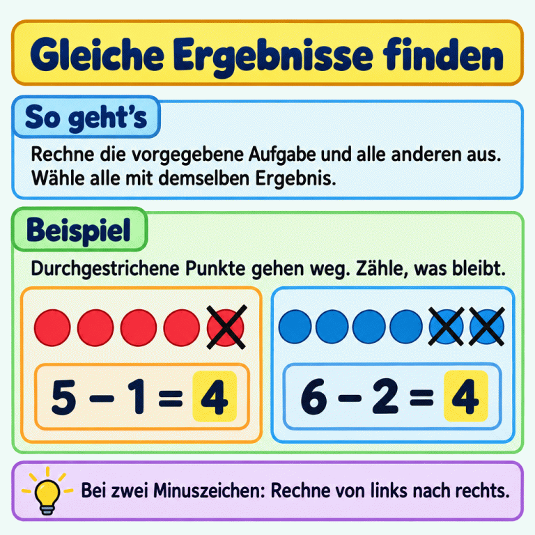 Zwei Punktbilder zeigen Minusrechnungen: Von fünf Punkten ist einer durchgestrichen, von sechs Punkten sind zwei durchgestrichen. In beiden Gruppen bleiben vier Punkte. Die zugehörigen Rechnungen haben gleich hervorgehobene Ergebnisse. Die Karte erklärt, wie man alle Aufgaben mit dem Ergebnis der Vorgabe findet. Gleiche Ergebnisse finden So geht’s: Rechne die vorgegebene Aufgabe und alle anderen aus. Wähle alle mit demselben Ergebnis. Beispiel: Durchgestrichene Punkte gehen weg. Zähle, was bleibt. Bei zwei Minuszeichen: Rechne von links nach rechts. 5 − 1 = 4 6 − 2 = 4