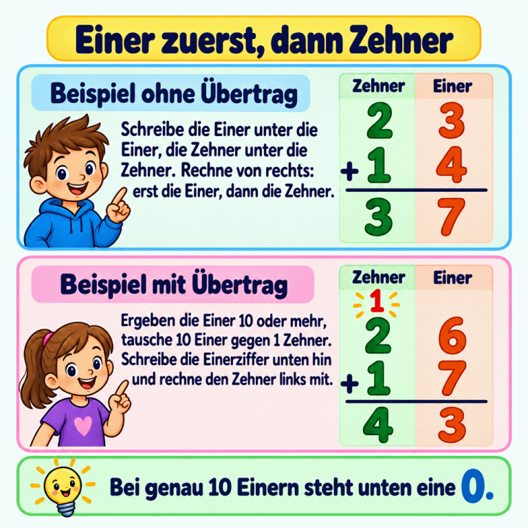 Zwei schriftliche Lehrbeispiele mit Zehner- und Einerspalte: 23 plus 14 ergibt ohne Übertrag 37. Bei 26 plus 17 ergibt die Eineraddition 13; die 3 steht unten bei den Einern, eine übertragene 1 wird bei den Zehnern mitgerechnet. Das Ergebnis ist 43. Bei genau 10 Einern steht unten eine 0. Einer zuerst, dann Zehner Beispiel ohne Übertrag: Schreibe die Einer unter die Einer, die Zehner unter die Zehner. Rechne von rechts: erst die Einer, dann die Zehner. Beispiel mit Übertrag: Ergeben die Einer 10 oder mehr, tausche 10 Einer gegen 1 Zehner. Schreibe die Einerziffer unten hin und rechne den Zehner links mit. Bei genau 10 Einern steht unten eine 0. Zehner Einer 23 14 37 26 17 43 + 1