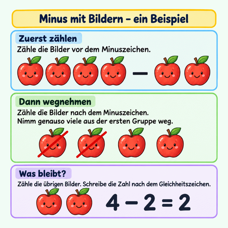 Ein Minusbeispiel mit vier Äpfeln minus zwei Äpfeln. Von vier erneut gezeigten Äpfeln sind zwei durchgestrichen; zwei bleiben übrig. Darunter steht 4 − 2 = 2. Minus mit Bildern – ein Beispiel Zuerst zählen: Zähle die Bilder vor dem Minuszeichen. Dann wegnehmen: Zähle die Bilder nach dem Minuszeichen. Nimm genauso viele aus der ersten Gruppe weg. Was bleibt?: Zähle die übrigen Bilder. Schreibe die Zahl nach dem Gleichheitszeichen. − 4 − 2 = 2
