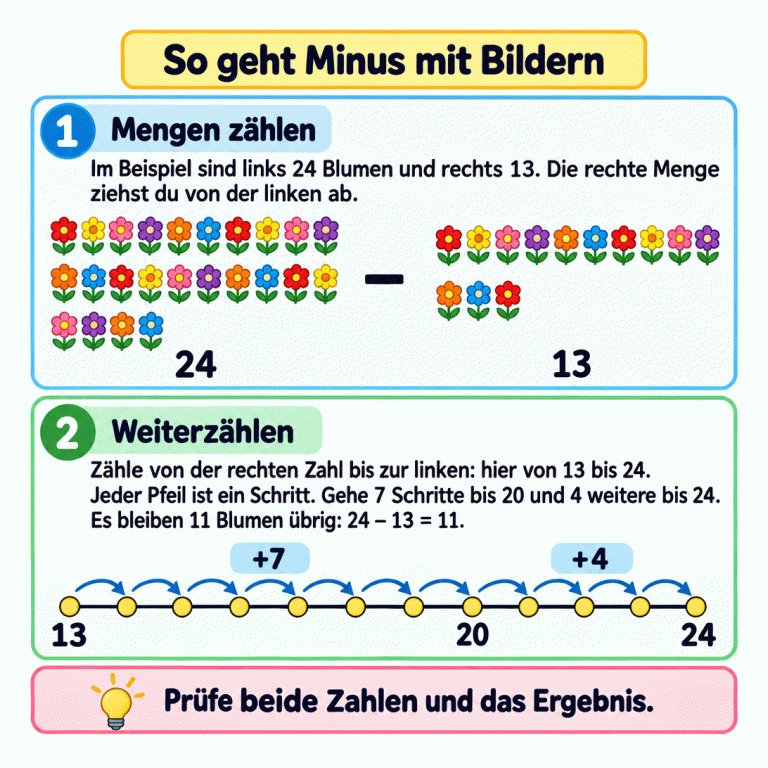 Beispiel: Links sind 24 Blumen, rechts 13; dazwischen steht ein Minuszeichen. Auf der Zählspur führen sieben einzelne Schritte von 13 bis 20 und vier weitere bis 24. So bleiben 11 Blumen übrig. So geht Minus mit Bildern Mengen zählen: Im Beispiel sind links 24 Blumen und rechts 13. Die rechte Menge ziehst du von der linken ab. Weiterzählen: Zähle von der rechten Zahl bis zur linken: hier von 13 bis 24. Jeder Pfeil ist ein Schritt. Gehe 7 Schritte bis 20 und 4 weitere bis 24. Es bleiben 11 Blumen übrig: 24 − 13 = 11. Prüfe beide Zahlen und das Ergebnis. 1 2 24 13 − 20 +7 +4