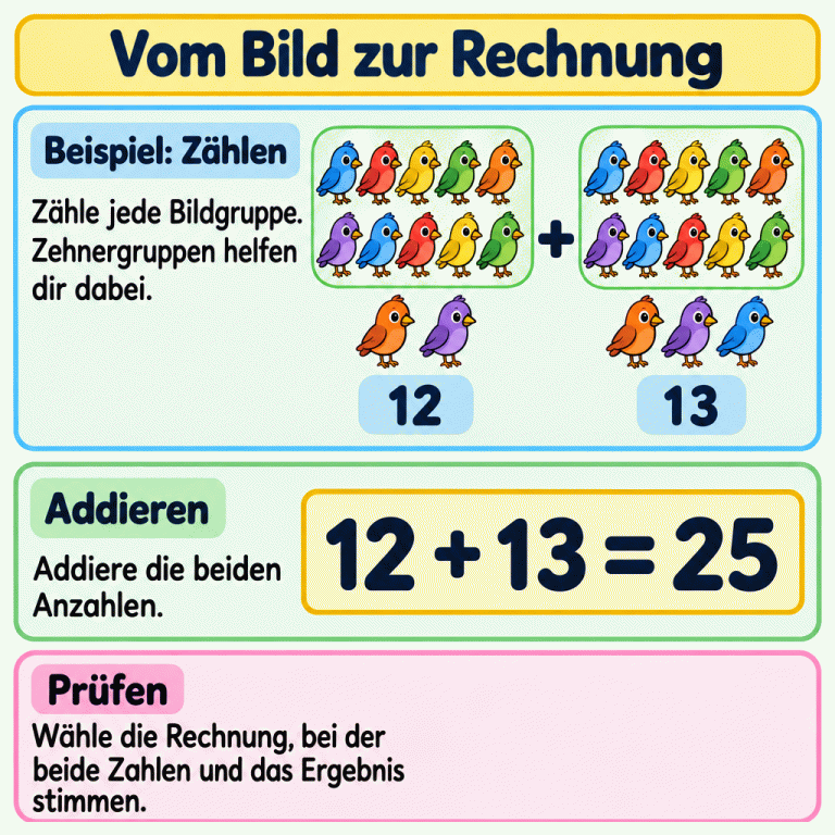 Ein Beispiel zeigt zwei Vogelgruppen: zwölf Vögel als Zehnergruppe und zwei weitere sowie dreizehn Vögel als Zehnergruppe und drei weitere. Ein Pluszeichen verbindet die Gruppen. Darunter steht die Rechnung 12 + 13 = 25. Die Texte leiten dazu an, jede Gruppe zu zählen, die Anzahlen zu addieren und beide Zahlen sowie das Ergebnis zu prüfen. Vom Bild zur Rechnung Beispiel: Zählen: Zähle jede Bildgruppe. Zehnergruppen helfen dir dabei. Addieren: Addiere die beiden Anzahlen. Prüfen: Wähle die Rechnung, bei der beide Zahlen und das Ergebnis stimmen. + 12 13 12 + 13 = 25