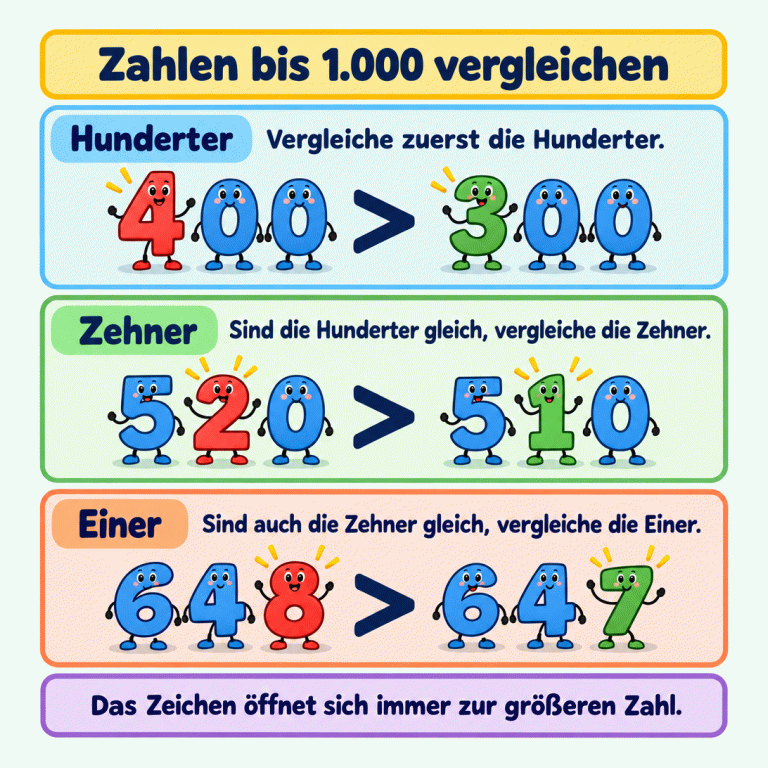 Drei Vergleiche zeigen die Reihenfolge der Stellen: Bei 400 > 300 entscheiden die Hunderter, bei 520 > 510 die Zehner und bei 648 > 647 die Einer. Jeweils sind die ersten unterschiedlichen Ziffern hervorgehoben. Zahlen bis 1.000 vergleichen Hunderter: Vergleiche zuerst die Hunderter. Zehner: Sind die Hunderter gleich, vergleiche die Zehner. Einer: Sind auch die Zehner gleich, vergleiche die Einer. Das Zeichen öffnet sich immer zur größeren Zahl. 400 > 300 520 > 510 648 > 647