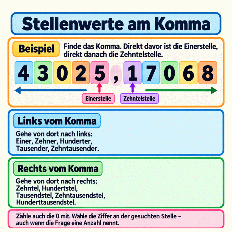 Die Beispielzahl 43025,17068 hat fünf Ziffern vor und fünf nach dem Komma. Markierungen zeigen die Einerstelle direkt davor und die Zehntelstelle direkt danach. Von dort weisen Pfeile nach links und rechts zu den weiteren Stellen; auch die Nullen werden mitgezählt. Stellenwerte am Komma Beispiel: Finde das Komma. Direkt davor ist die Einerstelle, direkt danach die Zehntelstelle. Links vom Komma: Gehe von dort nach links: Einer, Zehner, Hunderter, Tausender, Zehntausender. Rechts vom Komma: Gehe von dort nach rechts: Zehntel, Hundertstel, Tausendstel, Zehntausendstel, Hunderttausendstel. Zähle auch die 0 mit. Wähle die Ziffer an der gesuchten Stelle – auch wenn die Frage eine Anzahl nennt. 43025,17068 Einerstelle Zehntelstelle