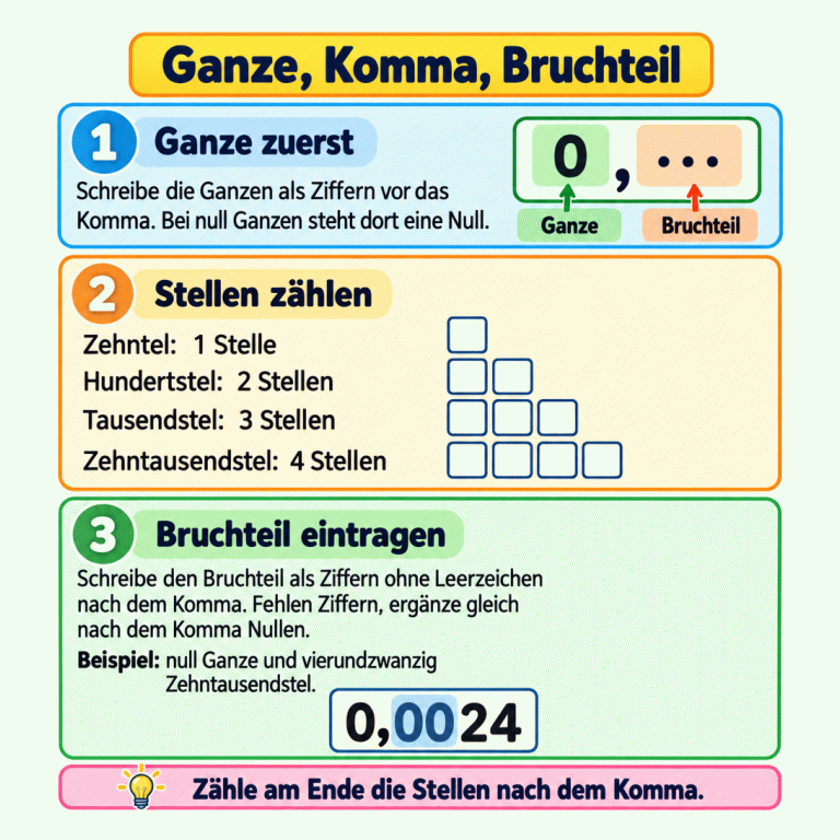 Eine Stellenübersicht zeigt: Zehntel brauchen eine, Hundertstel zwei, Tausendstel drei und Zehntausendstel vier Nachkommastellen. Beim Beispiel „null Ganze und vierundzwanzig Zehntausendstel“ wird 0,0024 geschrieben; die zwei Nullen nach dem Komma füllen fehlende Stellen. Ganze, Komma, Bruchteil Ganze zuerst: Schreibe die Ganzen als Ziffern vor das Komma. Bei null Ganzen steht dort eine Null. Stellen zählen: Zehntel: 1 Stelle
Hundertstel: 2 Stellen
Tausendstel: 3 Stellen
Zehntausendstel: 4 Stellen Bruchteil eintragen: Schreibe den Bruchteil als Ziffern ohne Leerzeichen nach dem Komma. Fehlen Ziffern, ergänze gleich nach dem Komma Nullen.
Beispiel: null Ganze und vierundzwanzig Zehntausendstel. Zähle am Ende die Stellen nach dem Komma. 0,0024 1 0, ••• Ganze Bruchteil 2 3