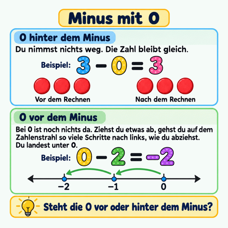 Oben zeigt 3 − 0 = 3 vor und nach dem Rechnen je drei Plättchen: Nichts wird weggenommen. Unten zeigt 0 − 2 = −2 auf einem Zahlenstrahl zwei Schritte von 0 nach links über −1 bis −2. Minus mit 0 0 hinter dem Minus: Du nimmst nichts weg. Die Zahl bleibt gleich. 0 vor dem Minus: Bei 0 ist noch nichts da. Ziehst du etwas ab, gehst du auf dem Zahlenstrahl so viele Schritte nach links, wie du abziehst. Du landest unter 0. Steht die 0 vor oder hinter dem Minus? Beispiel: 3 − 0 = 3 0 − 2 = −2 −2 −1 Vor dem Rechnen Nach dem Rechnen