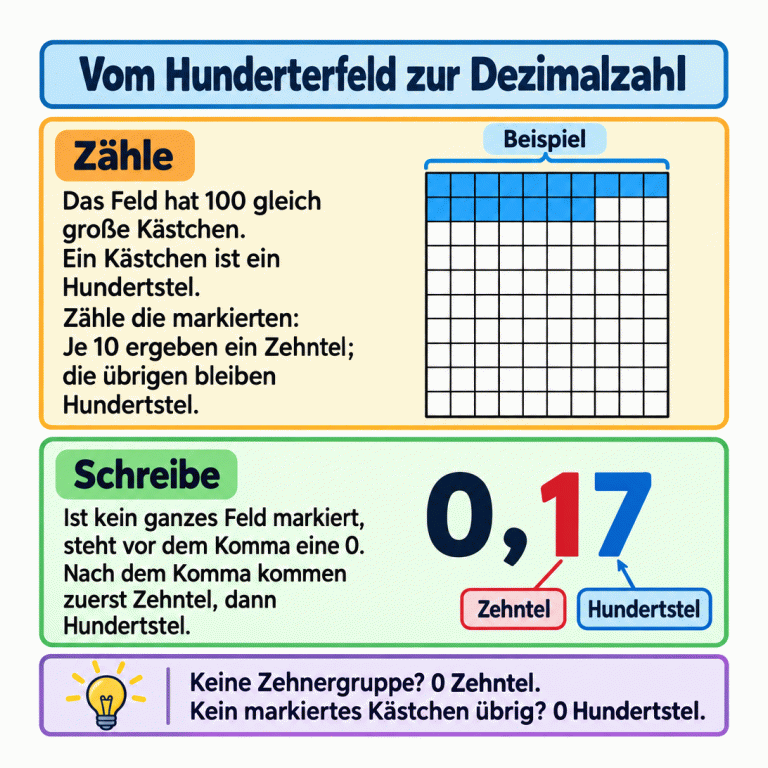 Ein Hunderterfeld mit 100 gleich großen Kästchen zeigt ein gekennzeichnetes Beispiel: Zehn Kästchen bilden eine markierte Gruppe, sieben weitere sind markiert. Dazu steht 0,17. Die 1 ist als Zehntel und die 7 als Hundertstel gekennzeichnet. Ein Merksatz erklärt, wann an einer der beiden Stellen eine 0 steht. Vom Hunderterfeld zur Dezimalzahl Zähle: Das Feld hat 100 gleich große Kästchen. Ein Kästchen ist ein Hundertstel. Zähle die markierten: Je 10 ergeben ein Zehntel; die übrigen bleiben Hundertstel. Schreibe: Ist kein ganzes Feld markiert, steht vor dem Komma eine 0. Nach dem Komma kommen zuerst Zehntel, dann Hundertstel. Keine Zehnergruppe? 0 Zehntel. Kein markiertes Kästchen übrig? 0 Hundertstel. Beispiel 0,17 Zehntel Hundertstel