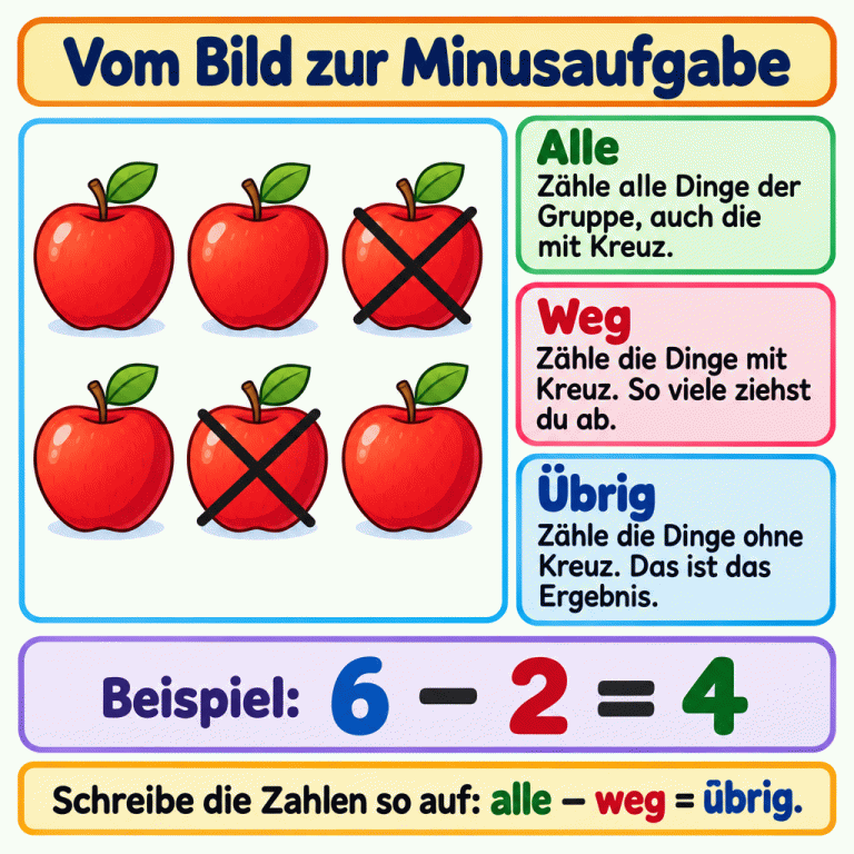 Sechs Früchte bilden eine Gruppe. Zwei sind durchgekreuzt, vier haben kein Kreuz. Die Texte erklären die Schritte Alle, Weg und Übrig. Darunter steht das Lehrbeispiel 6 − 2 = 4. Vom Bild zur Minusaufgabe Alle: Zähle alle Dinge der Gruppe, auch die mit Kreuz. Weg: Zähle die Dinge mit Kreuz. So viele ziehst du ab. Übrig: Zähle die Dinge ohne Kreuz. Das ist das Ergebnis. Schreibe die Zahlen so auf: alle − weg = übrig. Beispiel: 6 − 2 = 4