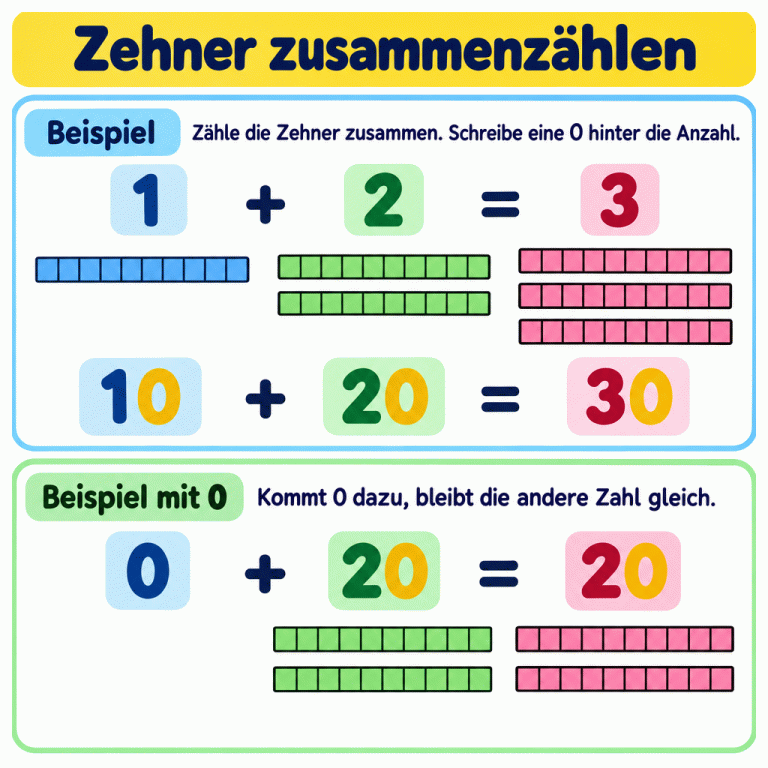 Ein Zehnerstreifen plus zwei Zehnerstreifen ergeben drei: 10 + 20 = 30. Darunter bleibt bei 0 + 20 = 20 die erste Gruppe leer. Alle vier Streifen im unteren Beispiel zeigen jeweils zehn Kästchen. Zehner zusammenzählen Beispiel: Zähle die Zehner zusammen. Schreibe eine 0 hinter die Anzahl. Beispiel mit 0: Kommt 0 dazu, bleibt die andere Zahl gleich. 1 + 2 = 3 10 + 20 = 30 0 + 20 = 20