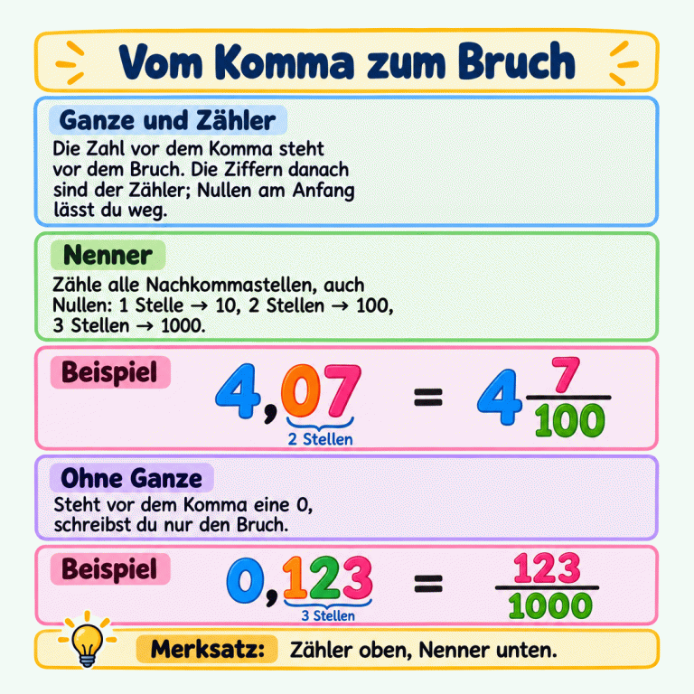 Zwei Lehrbeispiele: 4,07 wird als 4 Ganze mit 7 über 100 geschrieben. Die Null nach dem Komma zählt als Stelle mit. 0,123 wird als 123 über 1000 geschrieben, ohne ganze Zahl davor. Eine, zwei oder drei Nachkommastellen ergeben die Nenner 10, 100 oder 1000. Vom Komma zum Bruch Ganze und Zähler: Die Zahl vor dem Komma steht vor dem Bruch. Die Ziffern danach sind der Zähler; Nullen am Anfang lässt du weg. Nenner: Zähle alle Nachkommastellen, auch Nullen: 1 Stelle → 10, 2 Stellen → 100, 3 Stellen → 1000. Ohne Ganze: Steht vor dem Komma eine 0, schreibst du nur den Bruch. Zähler oben, Nenner unten. Beispiel = 4,07 4 7 100 0,123 123 1000 2 Stellen 3 Stellen Merksatz: