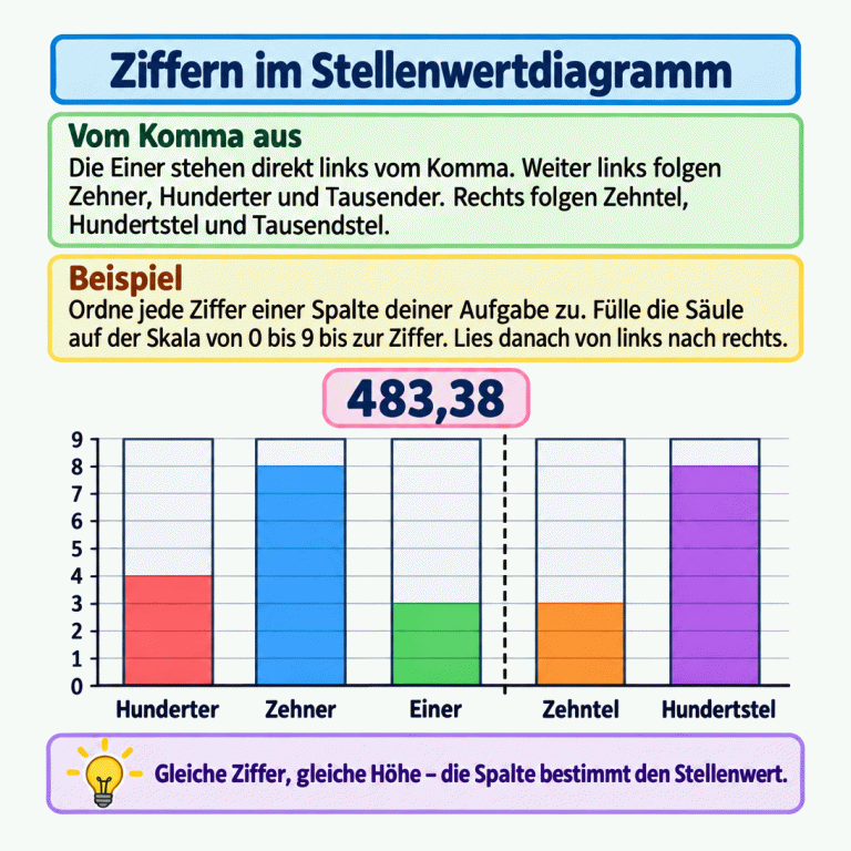Die Lehrkarte zeigt 483,38 als Beispiel in einem Stellenwertdiagramm. Die fünf Säulen für Hunderter, Zehner, Einer, Zehntel und Hundertstel reichen auf derselben Skala bis 4, 8, 3, 3 und 8. Zwischen Einern und Zehnteln liegt die Kommagrenze. Der Text erklärt auch die angrenzenden Stellen Tausender und Tausendstel. Ziffern im Stellenwertdiagramm Vom Komma aus: Die Einer stehen direkt links vom Komma. Weiter links folgen Zehner, Hunderter und Tausender. Rechts folgen Zehntel, Hundertstel und Tausendstel. Beispiel: Ordne jede Ziffer einer Spalte deiner Aufgabe zu. Fülle die Säule auf der Skala von 0 bis 9 bis zur Ziffer. Lies danach von links nach rechts. Gleiche Ziffer, gleiche Höhe – die Spalte bestimmt den Stellenwert. 483,38 Hunderter Zehner Einer Zehntel Hundertstel 9 8 7 6 5 4 3 2 1