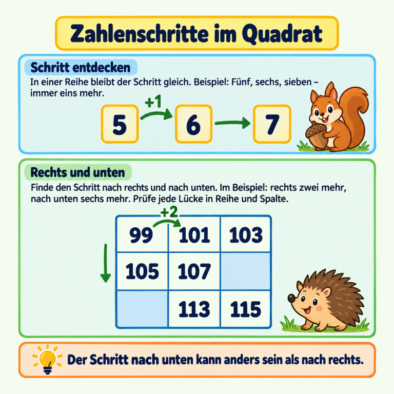 Oben zeigt die Reihe 5, 6, 7 einen gleichbleibenden Schritt; +1 steht nur zwischen 5 und 6. Darunter steht ein Zahlenquadrat: oben 99, 101, 103; in der Mitte 105, 107 und ein leeres Feld; unten ein leeres Feld, 113, 115. Nach rechts geht es jeweils um zwei weiter, nach unten um sechs. Zahlenschritte im Quadrat Schritt entdecken: In einer Reihe bleibt der Schritt gleich. Beispiel: Fünf, sechs, sieben – immer eins mehr. Rechts und unten: Finde den Schritt nach rechts und nach unten. Im Beispiel: rechts zwei mehr, nach unten sechs mehr. Prüfe jede Lücke in Reihe und Spalte. Der Schritt nach unten kann anders sein als nach rechts. 5 6 7 +1 99 101 103 105 107 113 115 +2