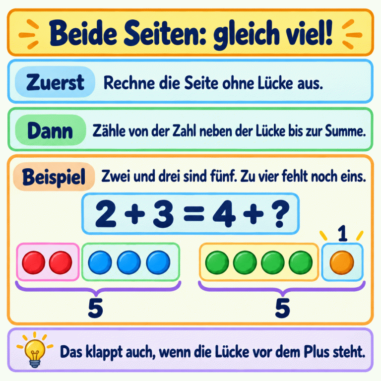 Rechenhilfe mit dem Beispiel 2 + 3 = 4 + ?. Zwei und drei Plättchen ergeben fünf. Rechts ergänzen vier und ein Plättchen ebenfalls fünf. Erst die vollständige Seite ausrechnen, dann die Lücke bis zur gleichen Summe ergänzen. Beide Seiten: gleich viel! Zuerst: Rechne die Seite ohne Lücke aus. Dann: Zähle von der Zahl neben der Lücke bis zur Summe. Beispiel: Zwei und drei sind fünf. Zu vier fehlt noch eins. Das klappt auch, wenn die Lücke vor dem Plus steht. 2 + 3 = 4 + ? 5 1