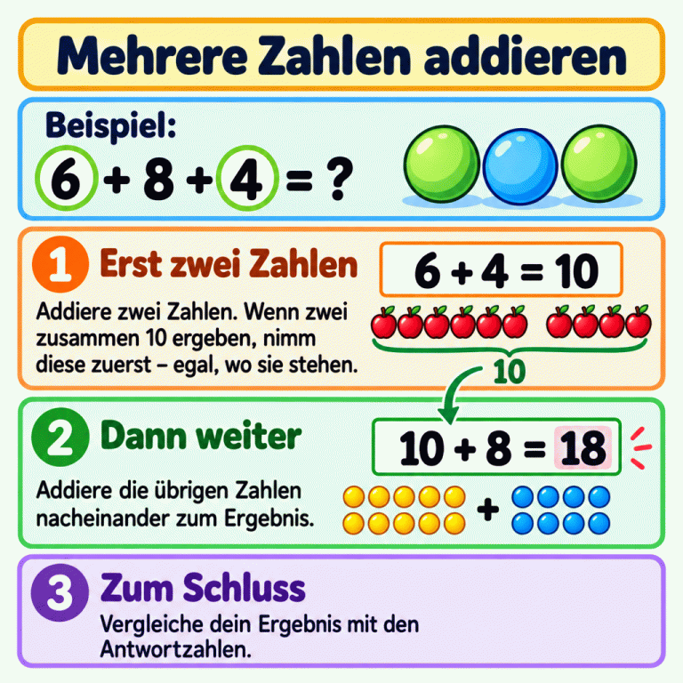 Eine Lernkarte zeigt das Beispiel 6 + 8 + 4 = ?. Zuerst werden 6 und 4 zu 10 addiert, dann 10 und 8 zu 18. Die Texte erklären das Weiterrechnen und den Vergleich mit den Antwortzahlen. Mehrere Zahlen addieren Erst zwei Zahlen: Addiere zwei Zahlen. Wenn zwei zusammen 10 ergeben, nimm diese zuerst – egal, wo sie stehen. Dann weiter: Addiere die übrigen Zahlen nacheinander zum Ergebnis. Zum Schluss: Vergleiche dein Ergebnis mit den Antwortzahlen. Beispiel: 6 + 8 + 4 = ? 6 + 4 = 10 10 + 8 = 18 1 10 2 + 3