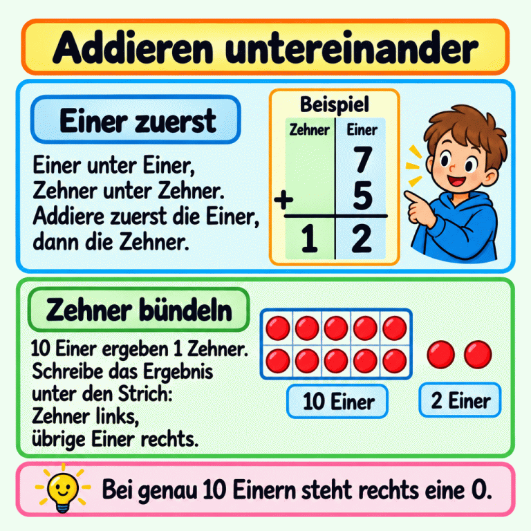 Eine Beispielrechnung zeigt 7 plus 5 untereinander und darunter 12. Die 1 steht bei den Zehnern, die 2 bei den Einern. Zehn Plättchen sind zusammengefasst, zwei liegen einzeln daneben. Ein Merksatz erklärt: Bei genau zehn Einern steht rechts eine Null. Addieren untereinander Einer zuerst: Einer unter Einer, Zehner unter Zehner. Addiere zuerst die Einer, dann die Zehner. Zehner bündeln: 10 Einer ergeben 1 Zehner. Schreibe das Ergebnis unter den Strich: Zehner links, übrige Einer rechts. Bei genau 10 Einern steht rechts eine 0. Beispiel Zehner Einer 7 + 5 12 10 Einer 2 Einer